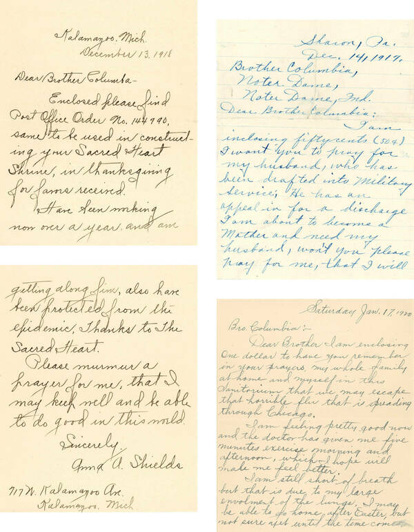 Array of scanned, handwritten letters to Br. Columba