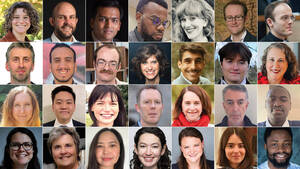 Arrayed photos of 28 of the 33 recipients of Cushwa Center grants and awards.