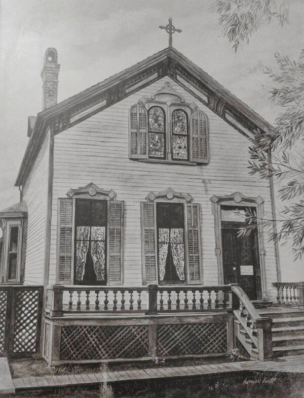 Black and white drawing of a two-story white clapboard house with a cross on the peak of the roof, decorative shutters flanking a stained-glass window, lace curtains in the first-floor windows, a wooden porch and lattice skirting, and a short walkway leading to the front steps.