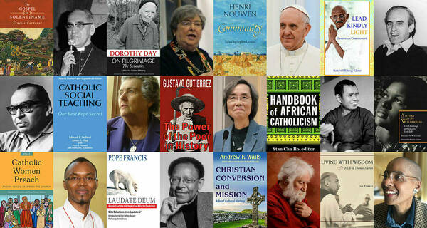 Collage of Catholic authors, book covers, and related imagery.