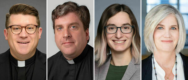 Headshots of the author and commentators for the spring 2026 Dolan Seminar. Left to right, Stephen M. Koeth, C.S.C., Sean Dempsey, S.J., Paige Glotzer, and Michelle Nickerson