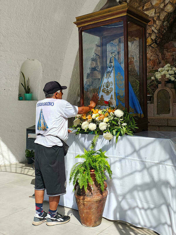 A man in a white "Peregrino" t-shirt and black cap touches a glass display case with a blue-cloaked Virgin Mary statue. The statue, adorned with gold trim and a rosary, is surrounded by white, yellow, and orange flowers on a white-draped altar.