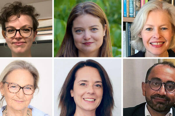 Six headshots: woman with short brown curly hair and glasses; woman with long brown hair; woman with short blonde hair, pearls, and a broad smile. Older woman with grey hair and cat-eye glasses; woman with long dark hair, broad smile; man with dark hair, beard, and round glasses.