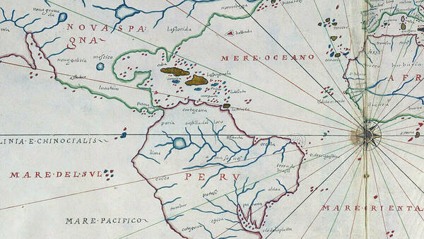 An antique, hand-drawn map shows parts of North America (Nova Spagna), South America (Peru, Brasil), and West Africa. Green landmasses, gold islands, and blue rivers are depicted with an ornate compass rose in the Atlantic Ocean, featuring red and black rhumb lines.