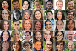 Grid of 35 photos of diverse individuals, mostly smiling, with varying backgrounds from solid colors to outdoor greenery.