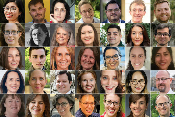 Grid of 35 photos of diverse individuals, mostly smiling, with varying backgrounds from solid colors to outdoor greenery.