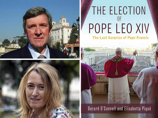 Authors Gerard O'Connell and Elisabetta Piqué, and their book cover with the pope in red blessing crowds.