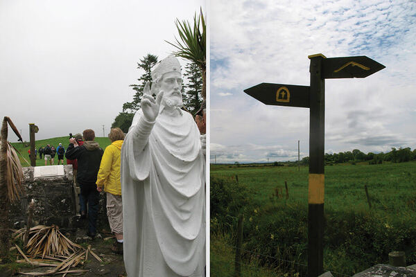 Two photos: On the left, a white statue of a bearded saint with hand raised as hikers walk past behind him. On the right, a dark signpost with yellow symbols indicating a pilgrim path.