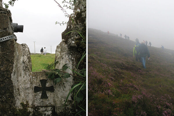 Two photos show scenes of the Croagh Patrick pilgrimage: On the left, a stone cross structure frames two figures walking on a grassy hill. On the right, hikers ascend a misty, heather-covered slope.
