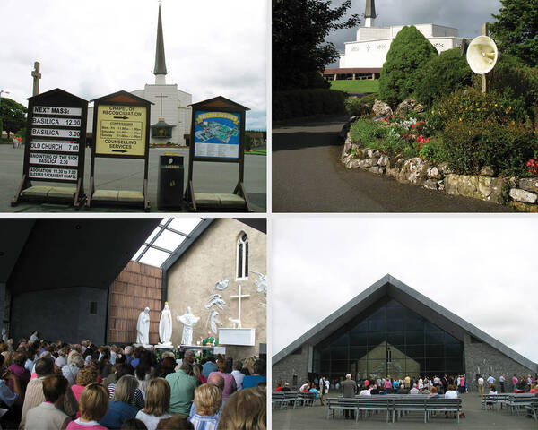 Four photos showing several scenes from Knock Shrine, Ireland: Modern buildings and paved pathways, signs for Mass/confessions, and pilgrims gathering outside and inside a chapel.