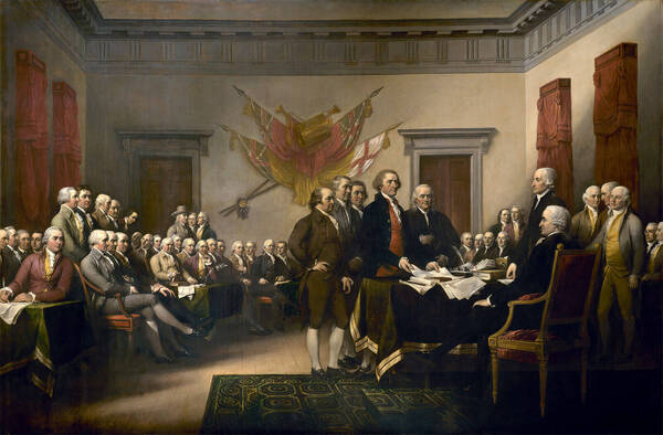 Thomas Jefferson presents the Declaration of Independence to seated John Hancock. Benjamin Franklin and other statesmen watch.